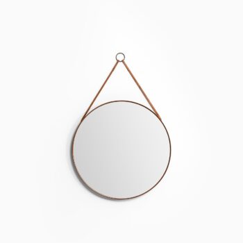 Round mirror in teak and leather by Glas mäster at Studio Schalling