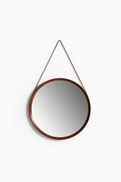 Round mirror in teak and brown leather at Studio Schalling