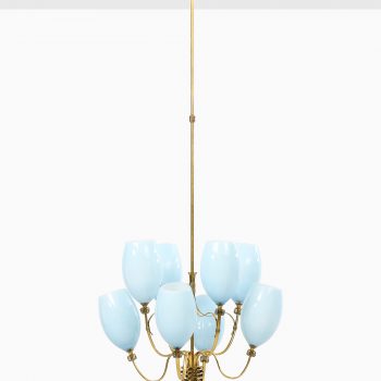 Paavo Tynell ceiling lamps in brass and blue glass at Studio Schalling