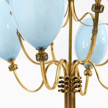 Paavo Tynell ceiling lamps in brass and blue glass at Studio Schalling