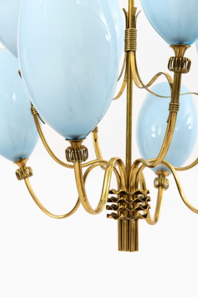 Paavo Tynell ceiling lamps in brass and blue glass at Studio Schalling