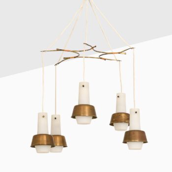 Ceiling lamp in brass, cane and opaline glass at Studio Schalling