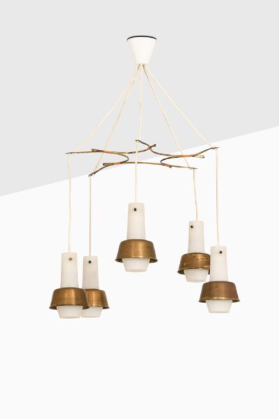 Ceiling lamp in brass, cane and opaline glass at Studio Schalling